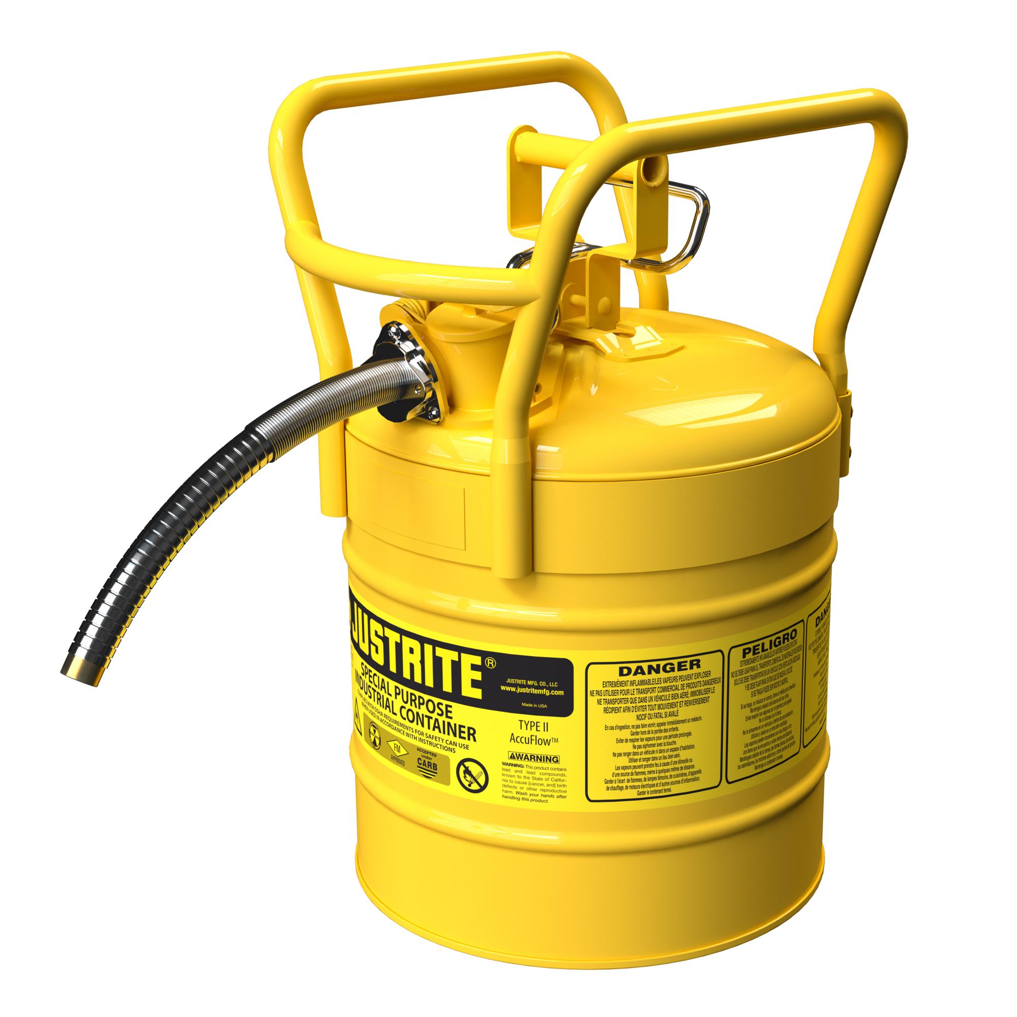 Justrite Type II DOT Transport Steel Safety Can for Diesel — 5 Gallons, 1in. Metal Hose, AccuFlow, Roll Bars, Yellow, Model# 7350230